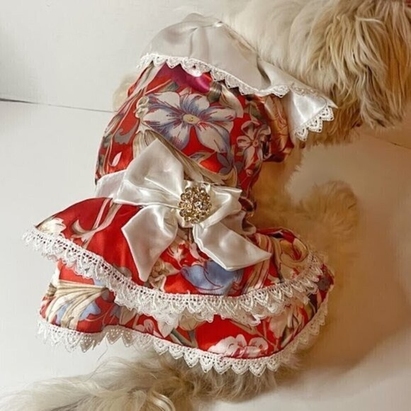 Small Dog Floral Party Wedding Lace Peter Pan Collar Tiered Tulle Dress with Bow - Picture 10 of 10